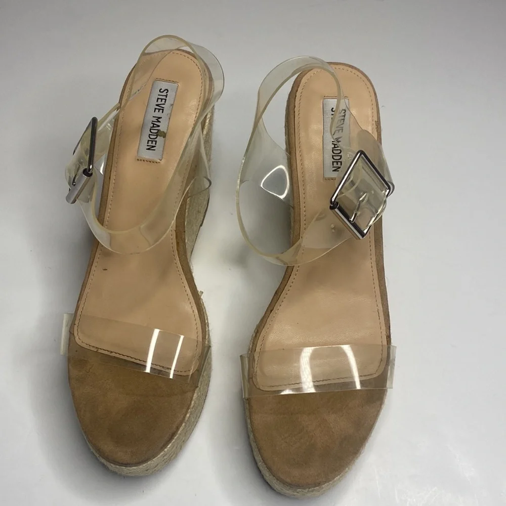 Steve Madden Womens Clear Strap Wedge Heels Open Toe Espadrille Sandals Size 10